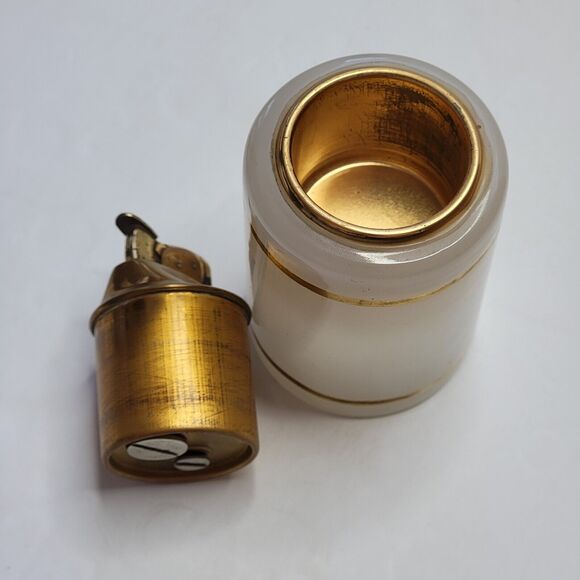 Vintage Evans Table Lighter Milk Glass  Brass Gold Details - Picture 3 of 11